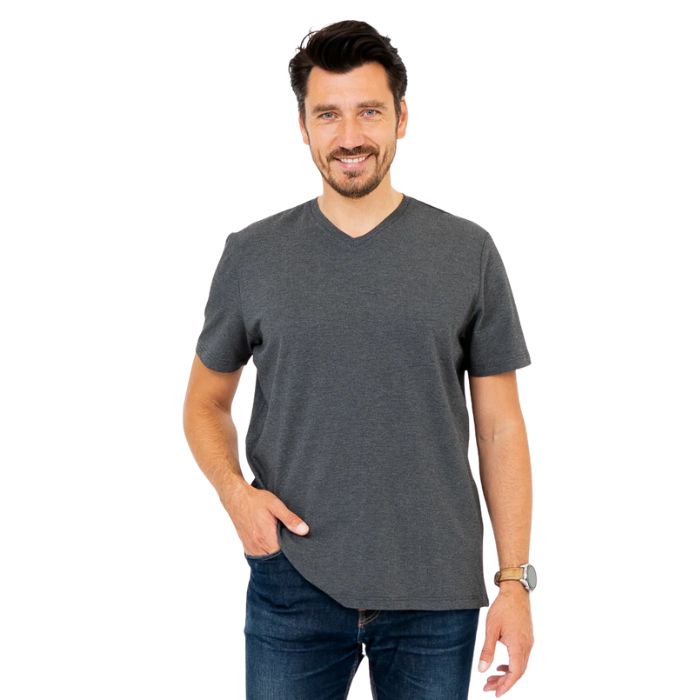 top half of male model wearing graphite grey adam short sleeve shirt front view on white background
