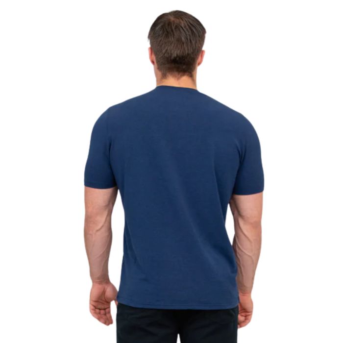 top half of male model wearing indigo blue adam short sleeve shirt back view on white background