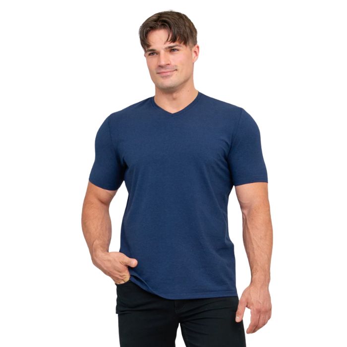 top half of male model wearing indigo blue adam short sleeve shirt front view on white background