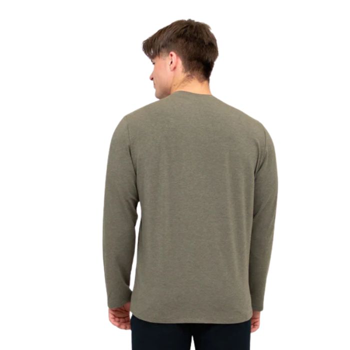 top half of male model wearing khaki green adam long sleeve shirt front view on white background