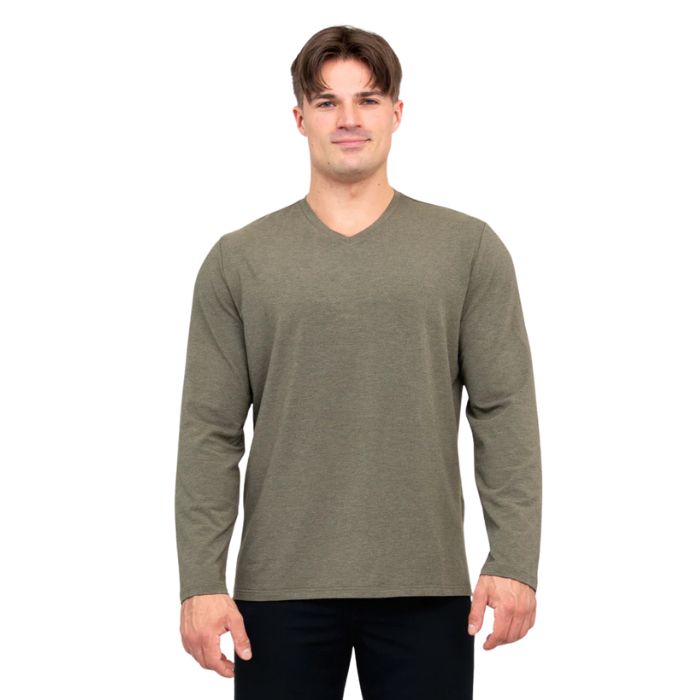 top half of male model wearing khaki green adam long sleeve shirt front view on white background
