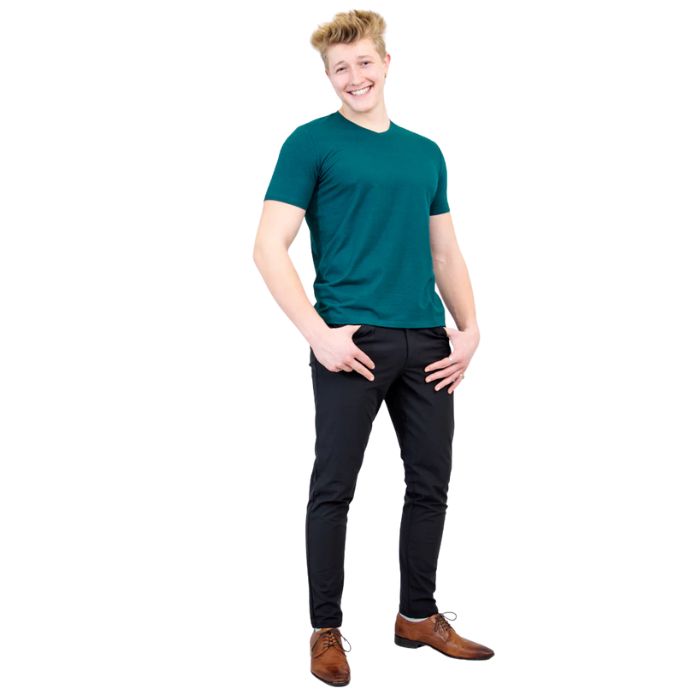 male model wearing teal green adam short sleeve shirt and black pants front view on white background