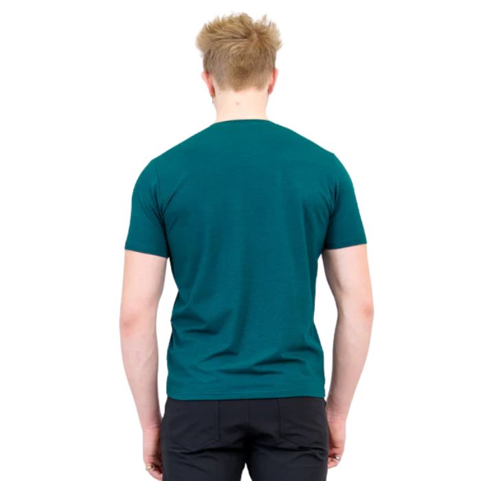 top half of male model wearing teal green adam short sleeve shirt back view on white background