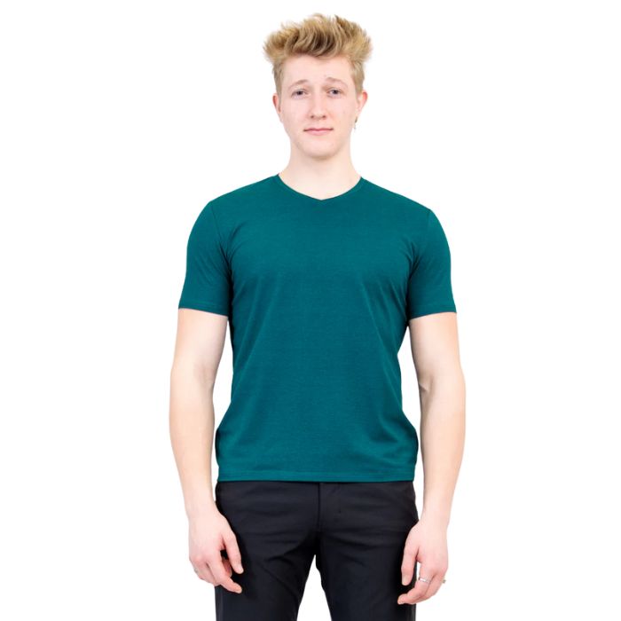 top half of male model wearing teal green adam short sleeve shirt front view on white background