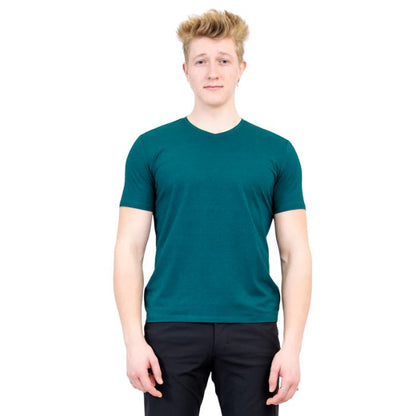 top half of male model wearing teal green adam short sleeve shirt front view on white background