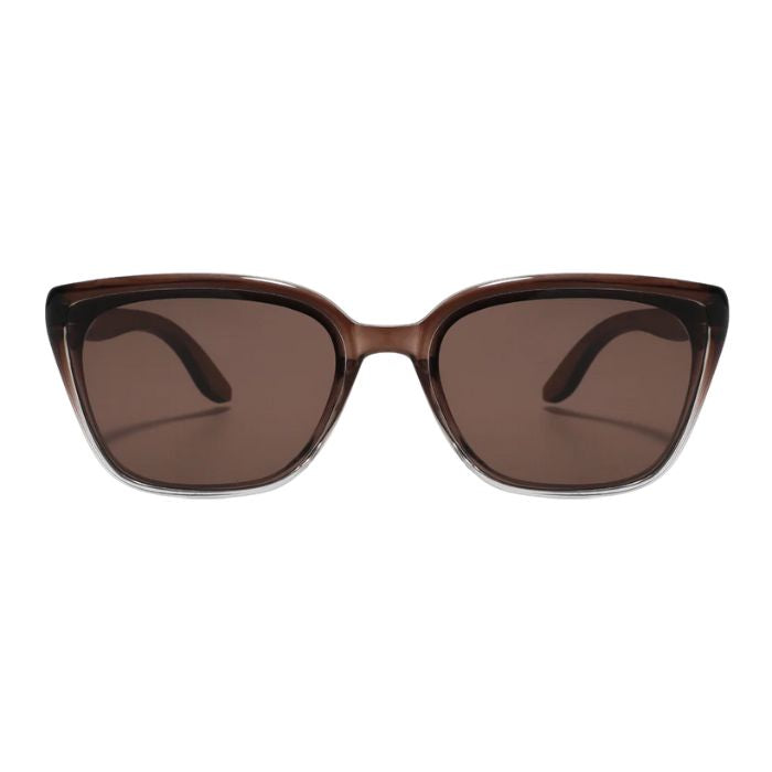 amsterdam sunglasses brown frames and brown lenses over front of sunglasses on white background