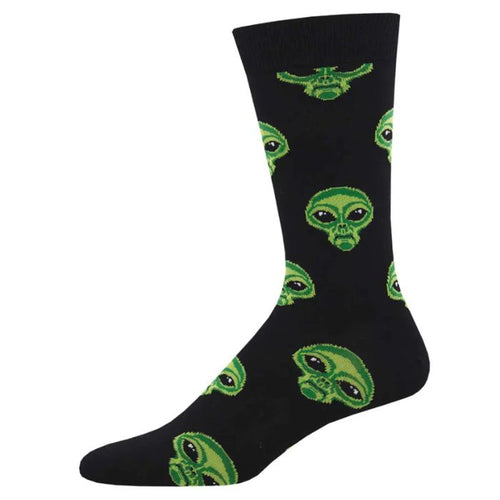 area 51 sock black crew sock with alien print on white background