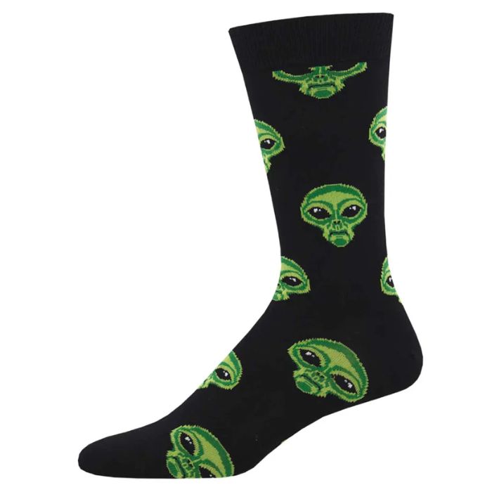 area 51 sock black crew sock with alien print on white background