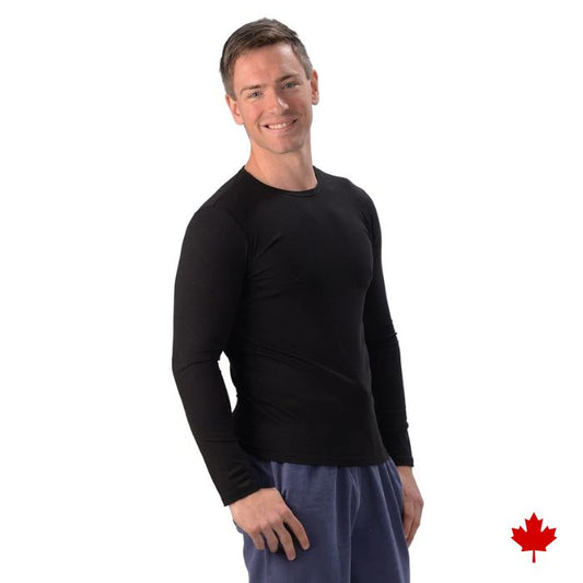 male model wearing black aron long sleeve top front view on white background
