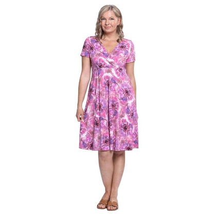 woman wearing royale cardiff print aurora dress front view set on a white background