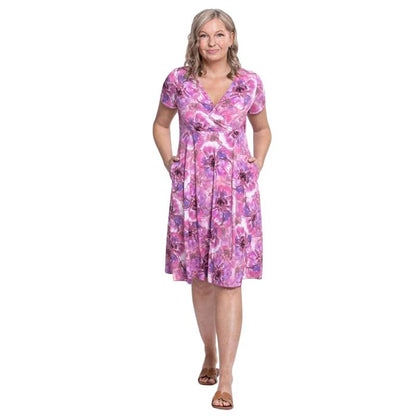 woman wearing royale cardiff print aurora dress front view set on a white background