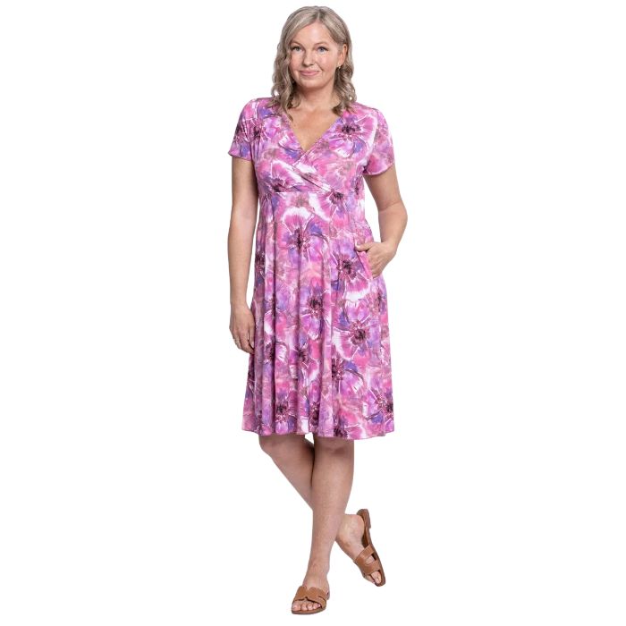 woman wearing royale cardiff print aurora dress front view set on a white background