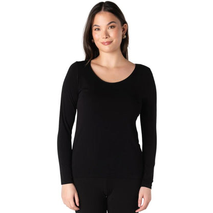top of female model wearing black aurora long sleeve top front view on white background