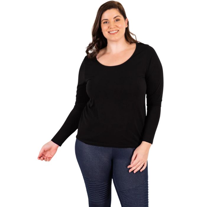 top of female model wearing black aurora long sleeve top front view on white background