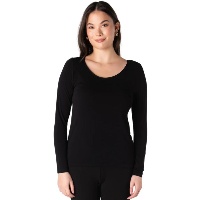 top of female model wearing black aurora long sleeve top front view on white background