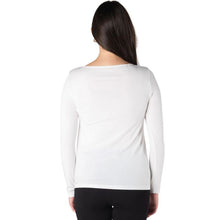 top of female model wearing white aurora long sleeve top back view on white background