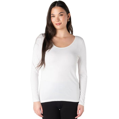 top of female model wearing white aurora long sleeve top front view on white background