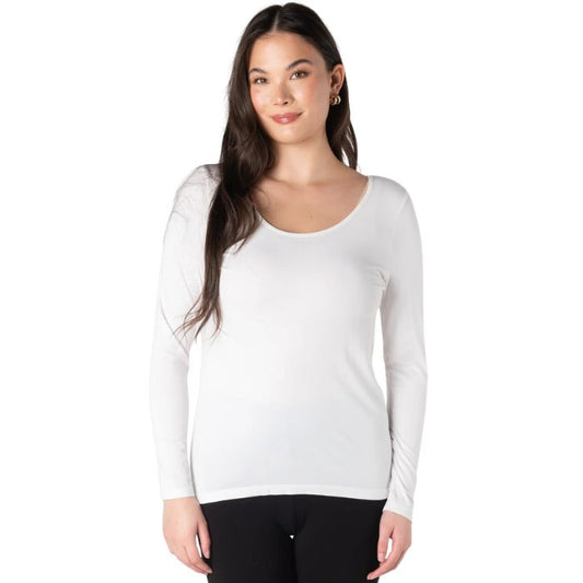 top of female model wearing white aurora long sleeve top front view on white background