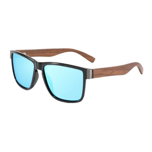 Australia sunglasses black frames and blue lenses over view of sunglasses on white background