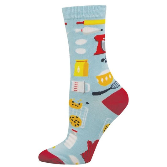 Bake it till you make it sock blue sock with colourful baking tools and ingredients print on white backround