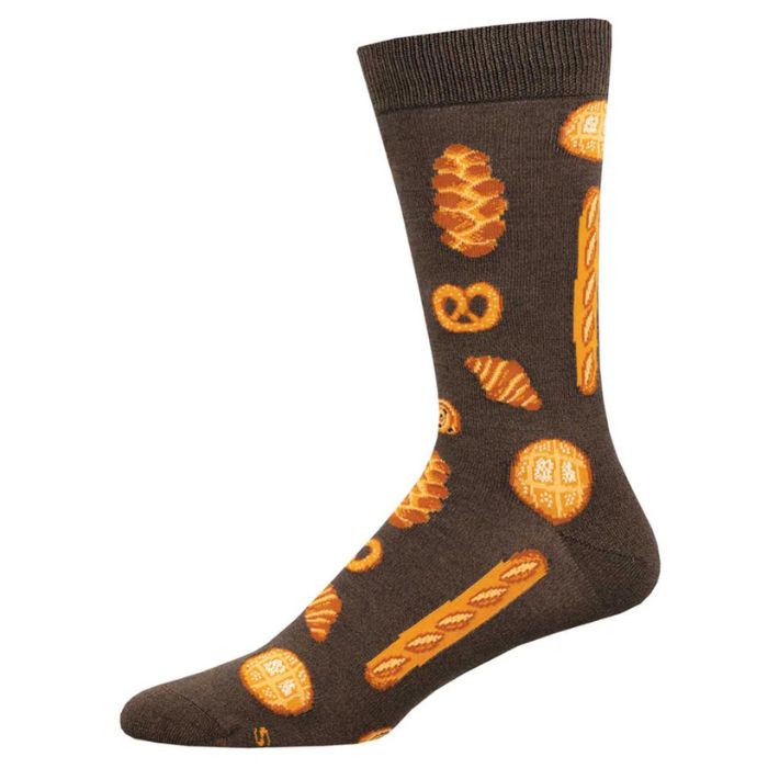 Bakers dozen sock brown sock with baked goods print on white backround