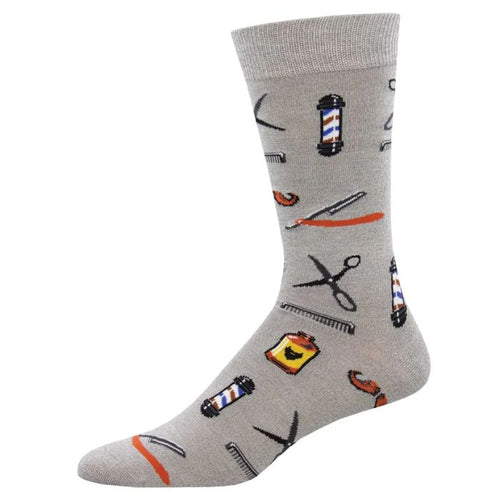 barber shop sock grey crew sock with barbershop tools print on white background