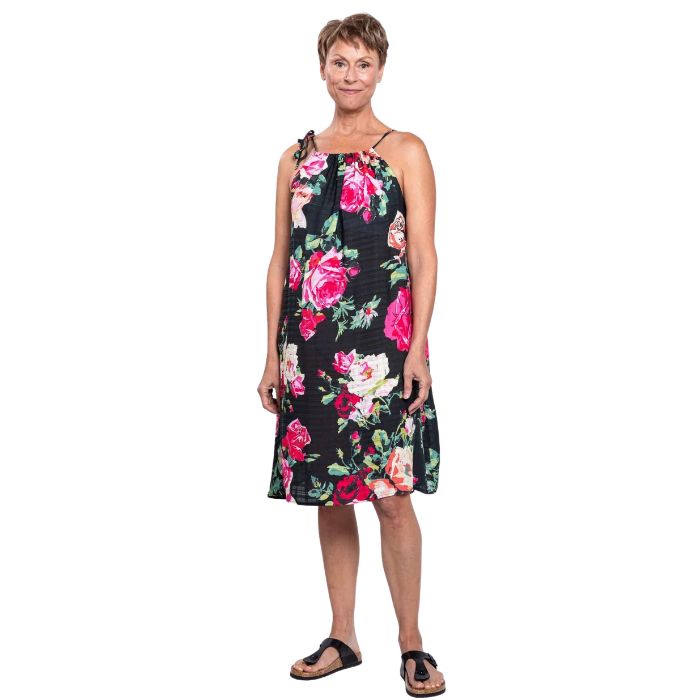 woman wearing bloomingdale print beach dress front view set on a white background