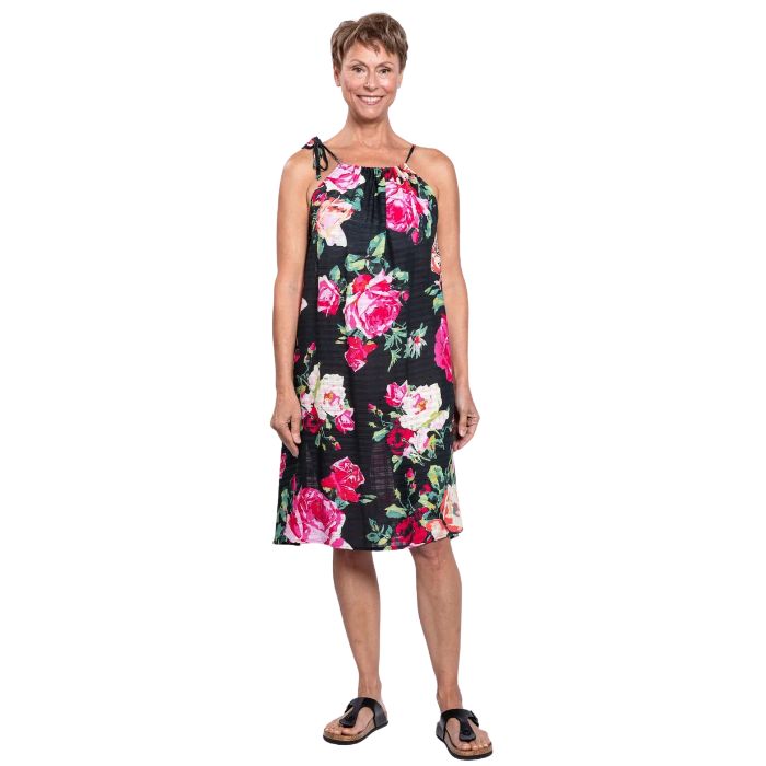 woman wearing bloomingdale print beach dress front view set on a white background