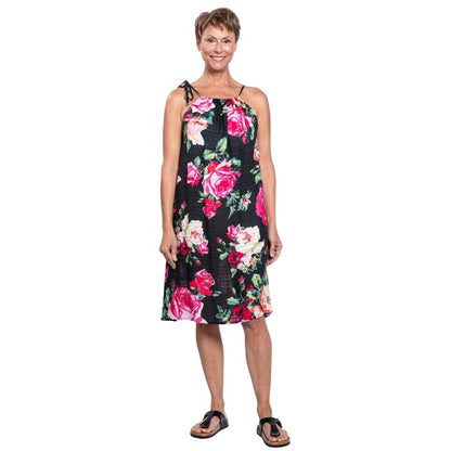 woman wearing bloomingdale print beach dress front view set on a white background