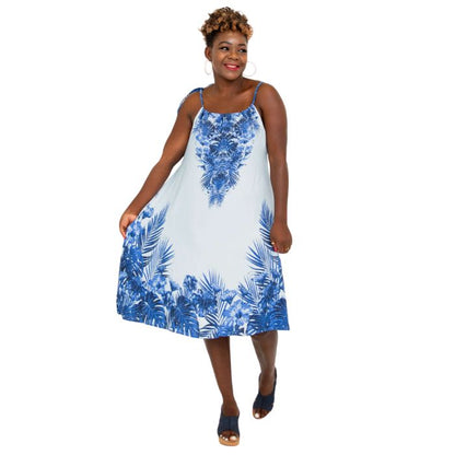 woman wearing blue print beach dress front view set on a white background