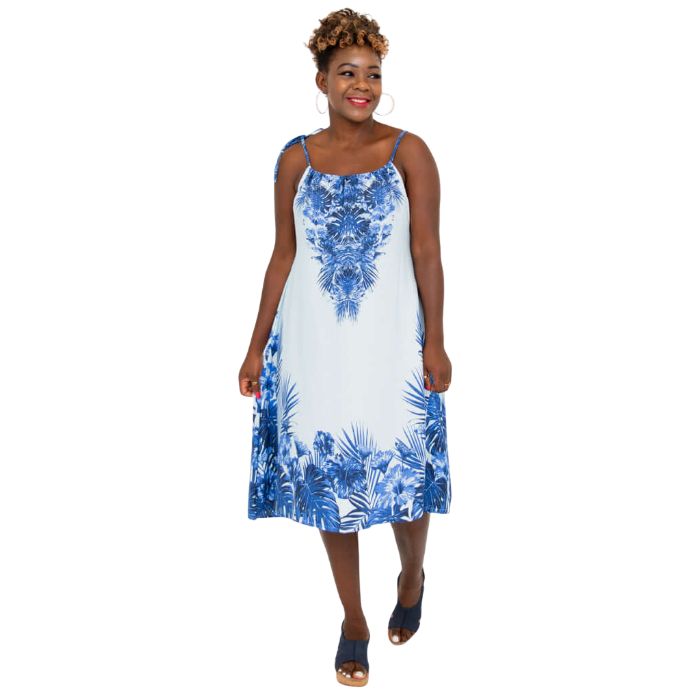 woman wearing blue print beach dress front view set on a white background