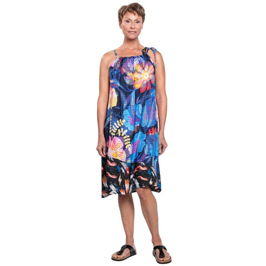 woman wearing fruity print beach dress front view set on a white background