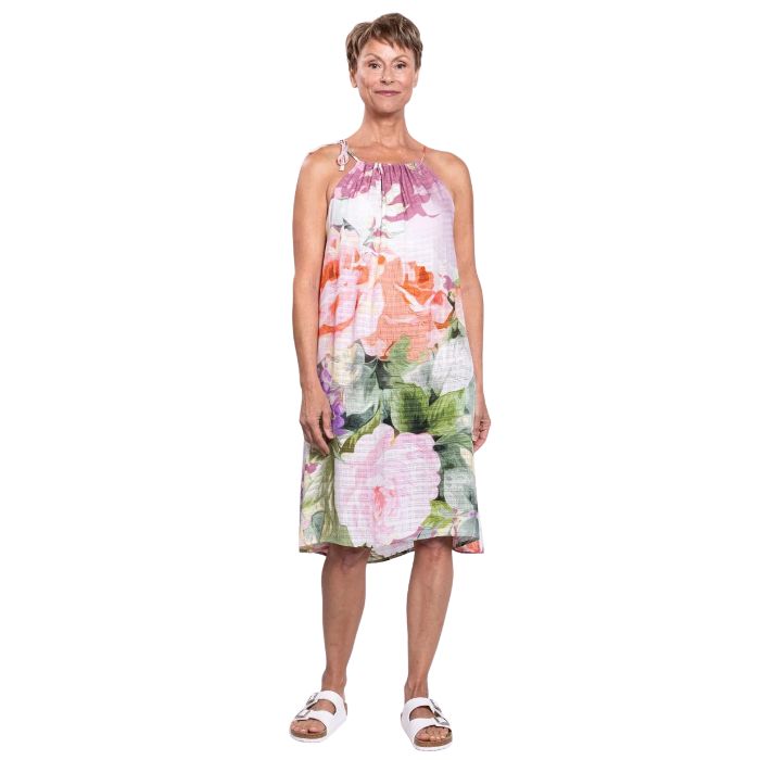 woman wearing pasina print beach dress front view set on a white background