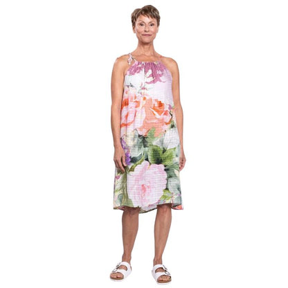 woman wearing pasina print beach dress front view set on a white background