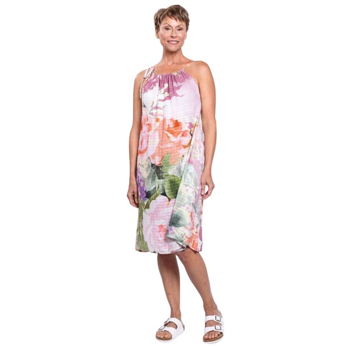 woman wearing pasina print beach dress front view set on a white background