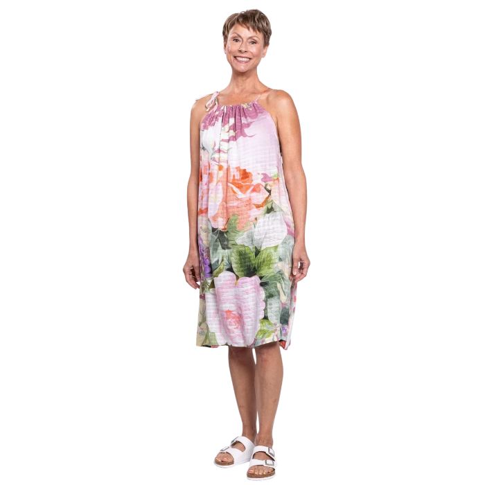 woman wearing pasina print beach dress front view set on a white background