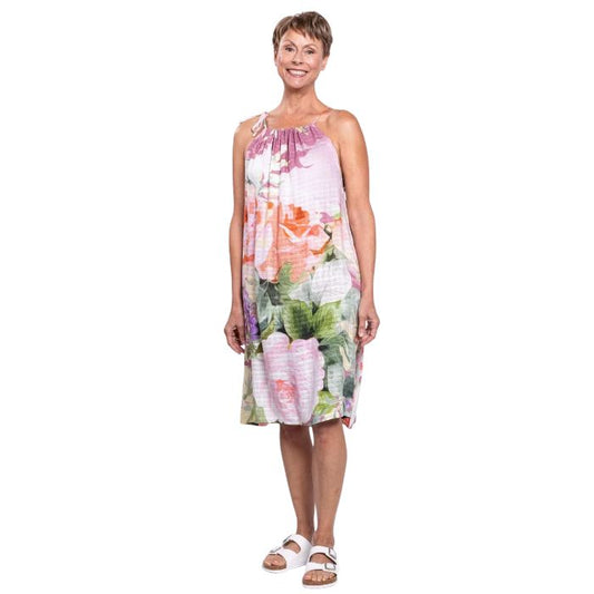 woman wearing pasina print beach dress front view set on a white background