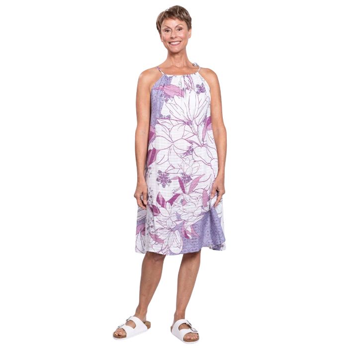 woman wearing reina print beach dress front view set on a white background