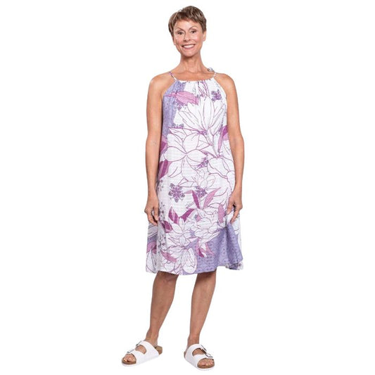 woman wearing reina print beach dress front view set on a white background