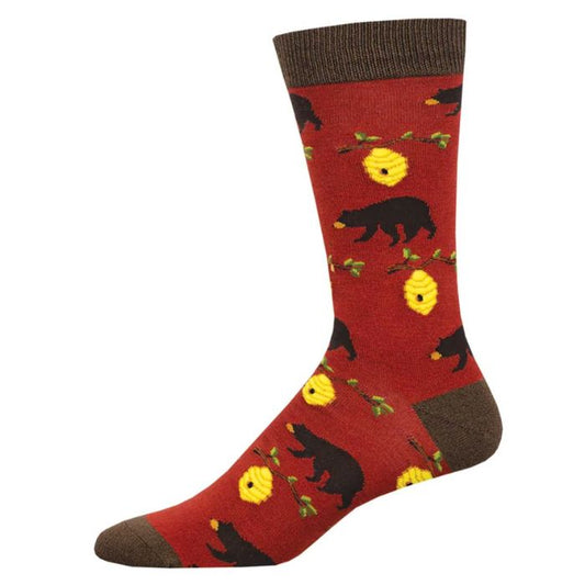 bears and bees red crew sock with bears and beehives print on white background