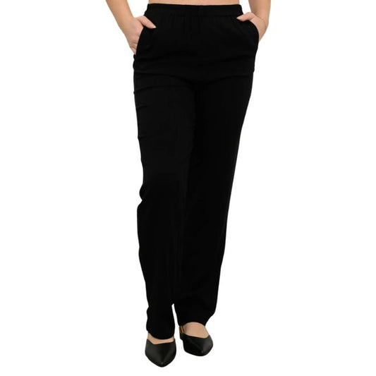 female model wearing black bella pants front view on white background