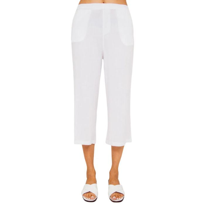 female model wearing white bella capri pants front view on white background