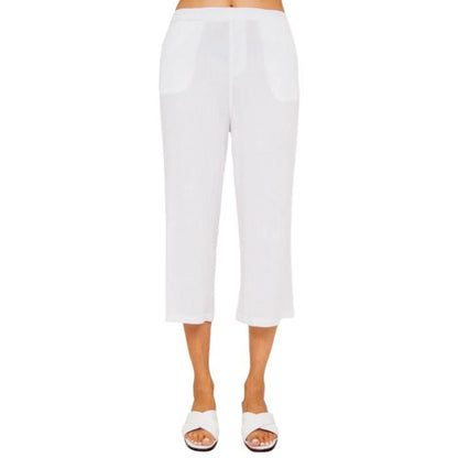 female model wearing white bella capri pants front view on white background