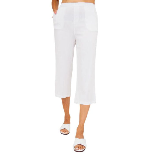 female model wearing white bella capri pants front view on white background