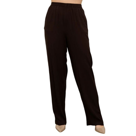 female model wearing chocolate brown bella pants front view on white background