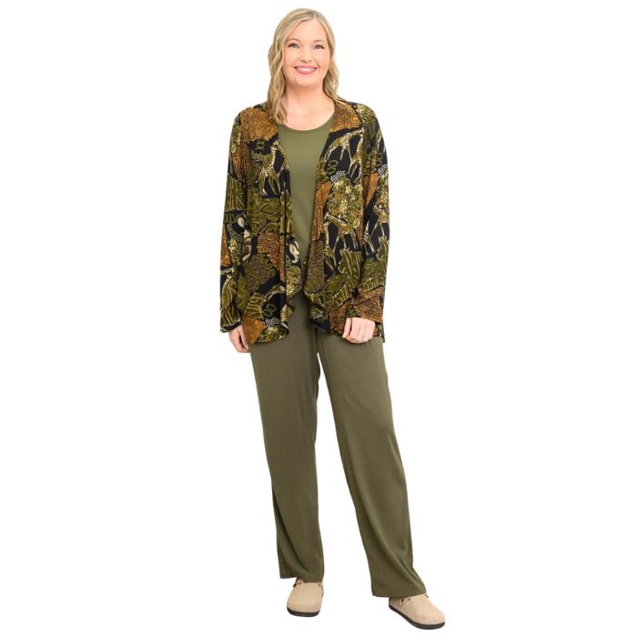 female model wearing khaki green bella pants and khaki green jazz top front view on white background