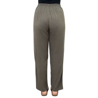 female model wearing khaki green bella pants back view on white background