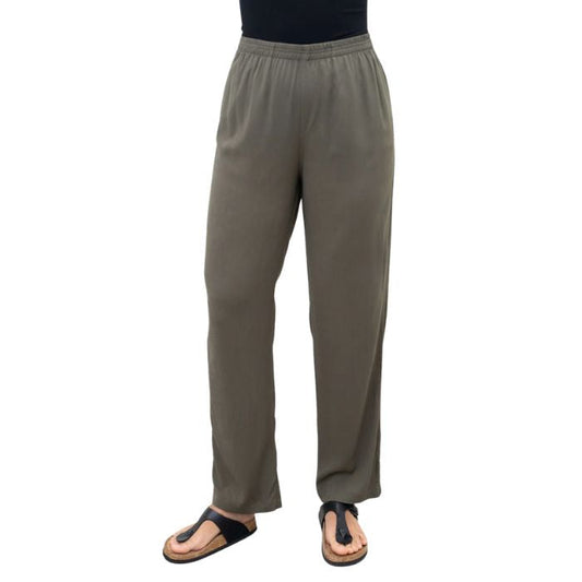 female model wearing khaki green bella pants front view on white background