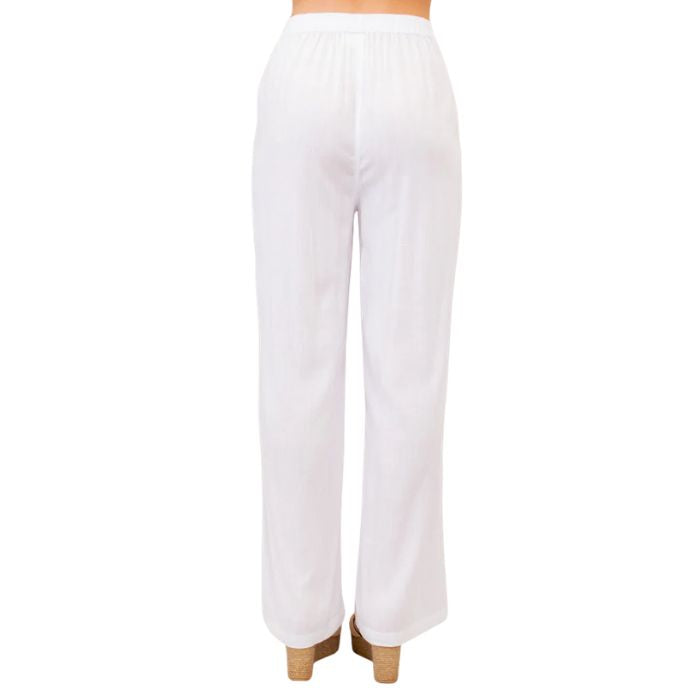 female model wearing white bella pants back view on white background