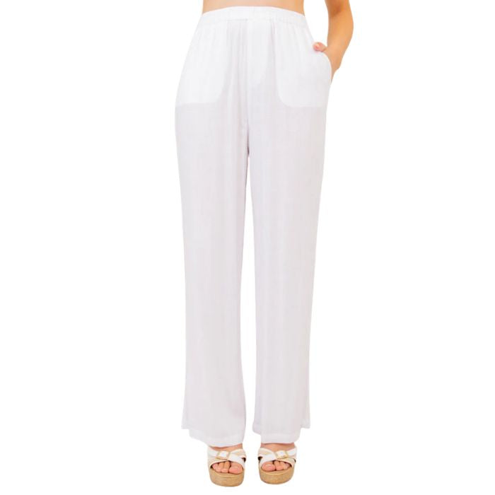 female model wearing white bella pants front view on white background